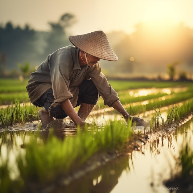 Mann arbeitet auf einem Reisfeld mit Strohhut