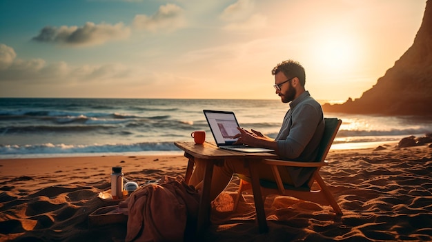 Mann arbeitet bei Sonnenuntergang am Strand am Laptop