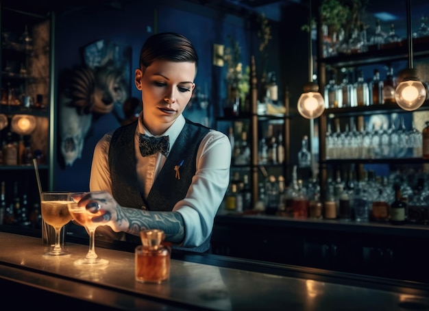 Mann arbeitet in einer Bar und bereitet mehrere bunte Cocktails zu. Konzept von Erfrischungsgetränken und Gastfreundschaft
