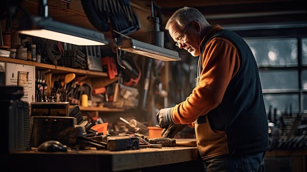 Foto mann arbeitet in einer garage