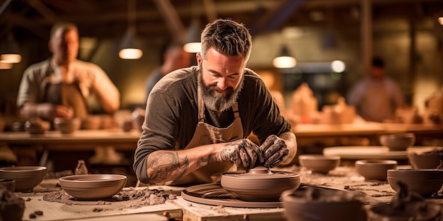 Mann arbeitet in Potters Wheel im Töpferstudio mit einem Töpfer, der Lehm formt