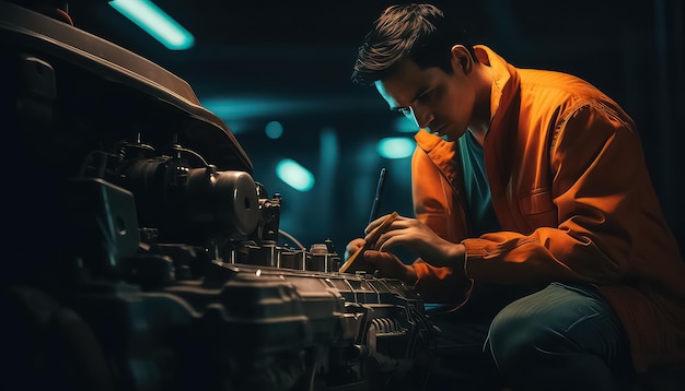 Mann arbeitet unter dem Motor eines Autos