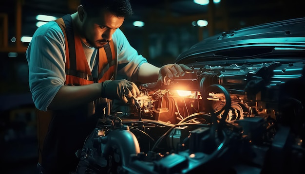 Mann arbeitet unter dem Motor eines Autos