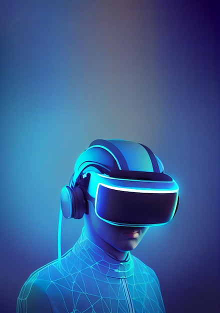 Foto mann aus der zukunft ein typ, der ein scifi-virtual-reality-headset oder -headset für ein videospiel oder einen film in blauem neon trägt, isoliert auf blauem hintergrund 3d-virtual-reality-augmented-reality-weltsimulation