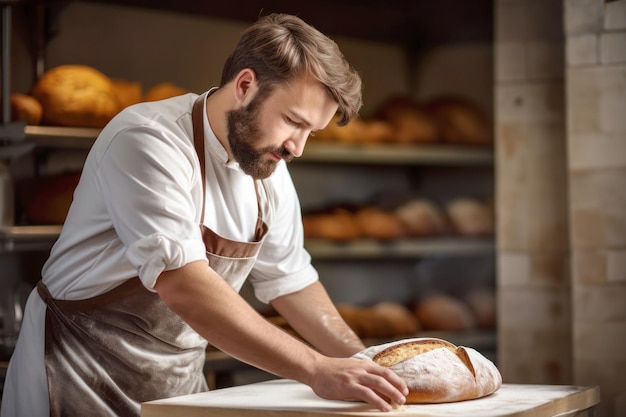 Mann backt Brot in der Schürze. Heimbäckerei-Backprozess