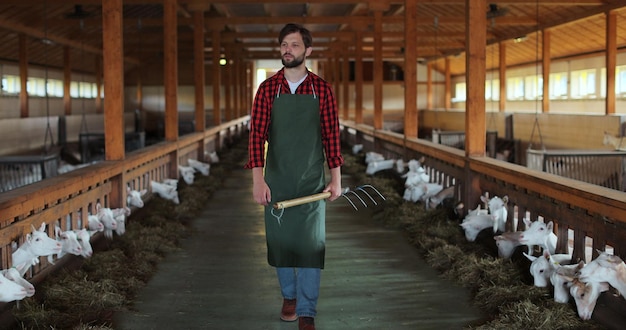 Foto mann bauer in grüner schürze mit einer pitchfork walking scheune, die die milchproduktionsphase auf einem modernen ziegenstall überprüft agrarökologisches unternehmertumskonzept