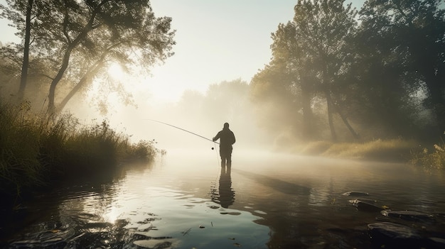 Mann beim Fliegenfischen im Nebel Illustration AI GenerativexA