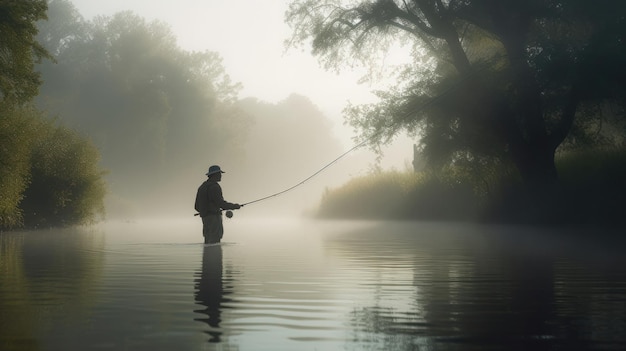 Mann beim Fliegenfischen im Nebel Illustration AI GenerativexA