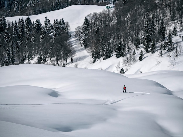 Mann beim Freeriden auf dem Snowboard und erste Spur im Pulverschnee Panoramische Winterlandschaft