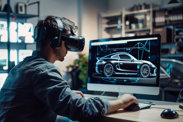 Foto mann benutzt vr-headset für virtuelles auto-design