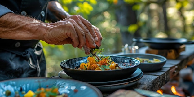 Mann bereitet Essen im Freien vor