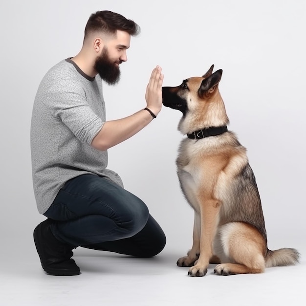 Mann bringt einem Hund bei, einem Pfotenhundetraining Gehorsamstraining in Nahaufnahme auf Weiß zu geben