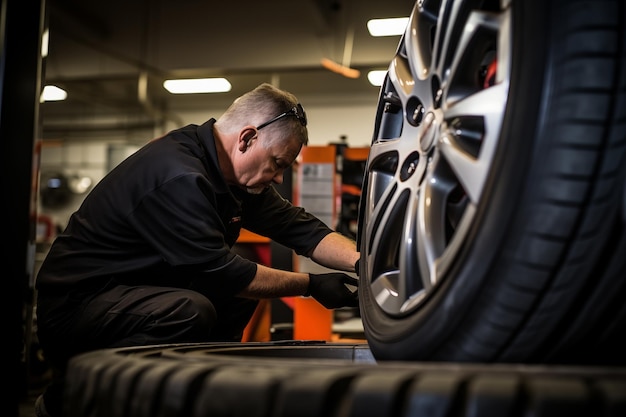 Mann, der als Mechaniker bei einem Reifenwechsel in einer Garage arbeitet Generative KI