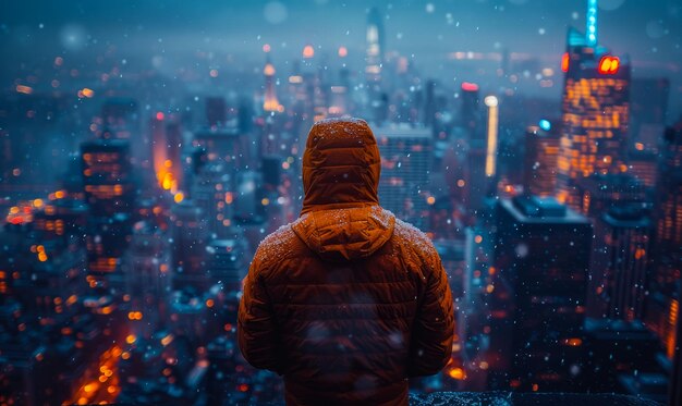 Mann, der auf dem Dach steht und nachts in der Schnee über die Stadt schaut, Silhouette einer Person