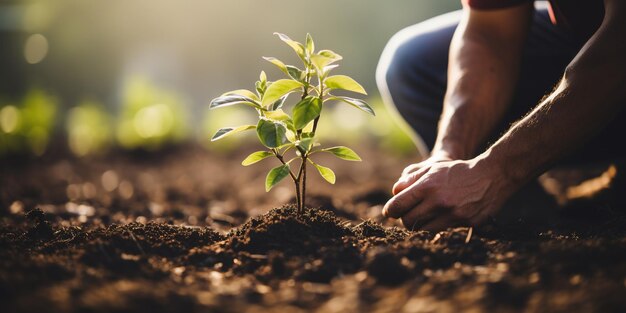 Mann, der Bäume pflanzt oder im Gemeinschaftsgarten arbeitet