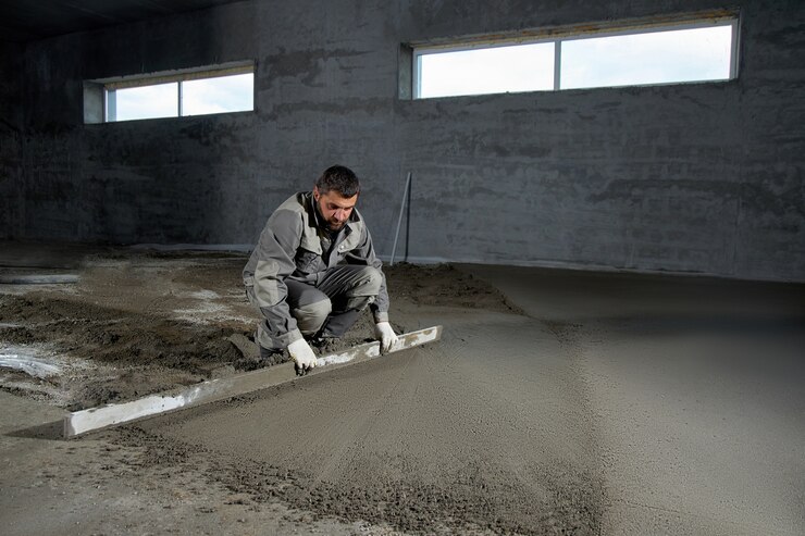 Mann, der den Boden mit Beton füllt