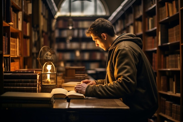 Mann, der ein Buch in der Bibliothek liest