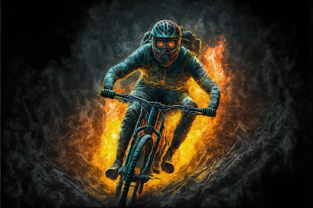 Foto mann, der ein mountainbike mit brennendem feuer auf dunklem hintergrund fährt, digitale kunst, illustration, malerei, fantasy-konzept eines bikers in flammen