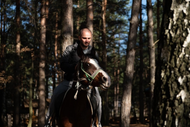 Mann, der ein Pferd im Wald reitet