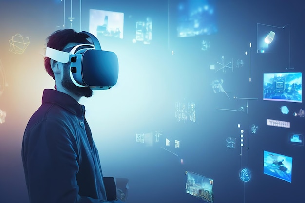 Mann, der ein VR-Headset verwendet, um Videoinhalte über das Internet zu genießen