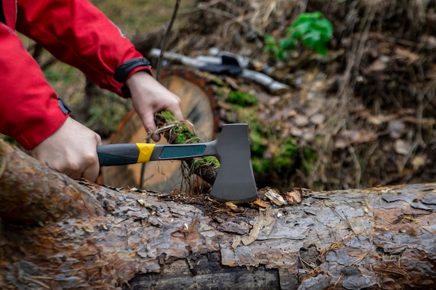 Mann, der einen Ast mit einer Axt im Wald während eines Campingausfluges hackt