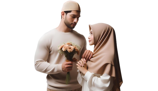 Mann, der einer Frau Blumen gibt, die einen Hijab auf einem transparenten Hintergrund trägt