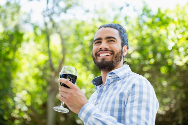 Mann, der Glas Wein im Park hält