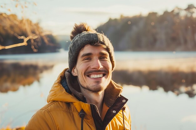 Mann, der Glück ausstrahlt und sich wirklich lebendig fühlt in einem wunderschönen Naturpark in der Nähe von A la