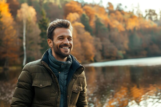 Mann, der Glück ausstrahlt und sich wirklich lebendig fühlt in einem wunderschönen Naturpark in der Nähe von A la