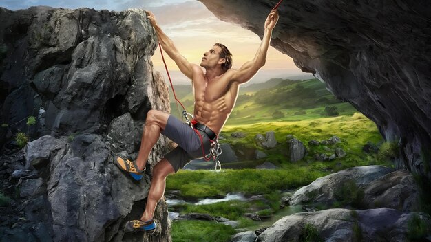 Mann, der in der Natur auf Felsen klettert