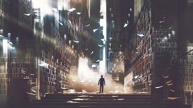Mann, der in einer mysteriösen Bibliothek steht, digitaler Kunststil, Illustrationsmalerei