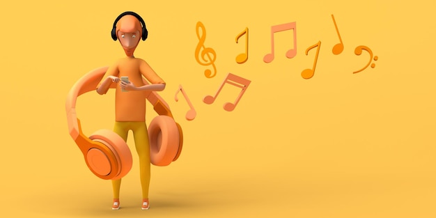 Mann, der Musik mit Kopfhörern und Smartphone hört Kopierbereich 3D-Darstellung Cartoon