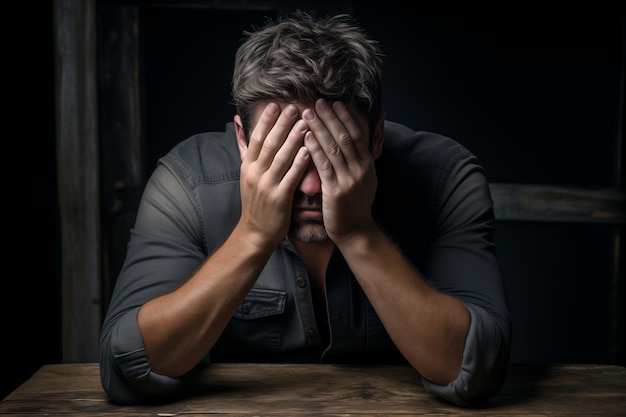 Foto mann, der seinen kopf auf einem schlichten dunklen hintergrund hält konzept der verzweiflung depressionsprobleme