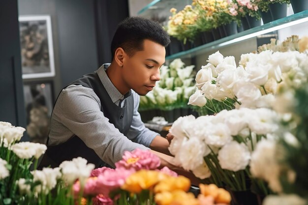 Mann, der sich auf seine Arbeit in einem florist39s-Geschäft konzentriert