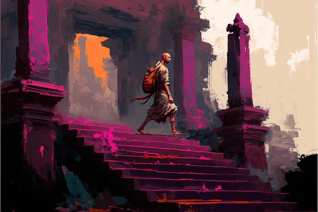 Mann, der sich in der Nähe des antiken Tempels aufhält Ein Mann geht die Treppe hinauf zu den verlassenen Tempelruinen Illustrationsmalerei im digitalen Kunststil