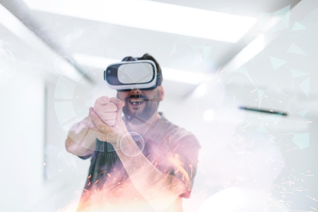 mann, der virtual-reality-vr-brille im modernen haus mit futuristischem neuronalem netzpunkt-grafikdesign ausprobiert