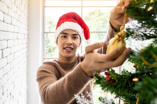 Mann, der Weihnachtsbaum verziert