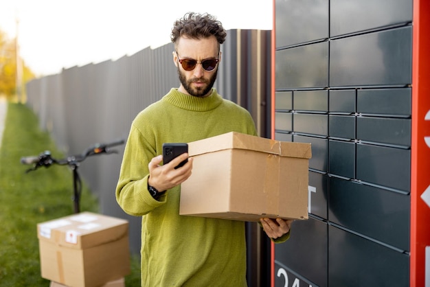 Mann empfängt Paket aus automatischem Postfach