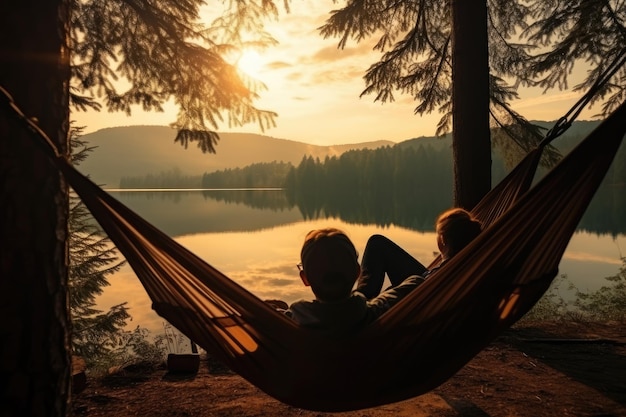 Mann entspannt sich in der Hängematte am See bei Sonnenaufgang Blick aus dem Fenster Person Blick Paar ruht im Camping Frau liegt in der Hängematte mit wunderschönem Blick auf den Wald See AI Generated