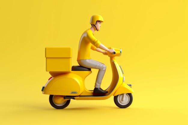 Mann fährt gelben Roller mit Kasten auf der Rückseite Generative KI