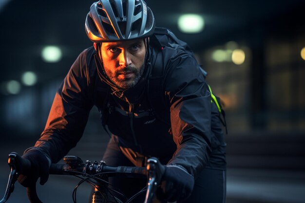 Mann fährt in der Hauptverkehrszeit Fahrrad auf der Stadtstraße auf verschwommenem Hintergrund