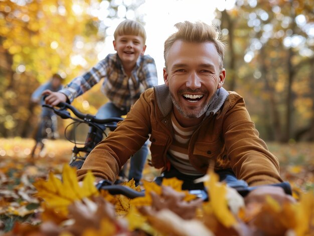 Mann fährt neben dem kleinen Jungen Fahrrad