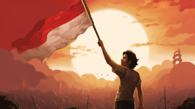 Mann feiert den Sumpah Pemuda-Tag, indem er das Bild der indonesischen Nationalflagge hält