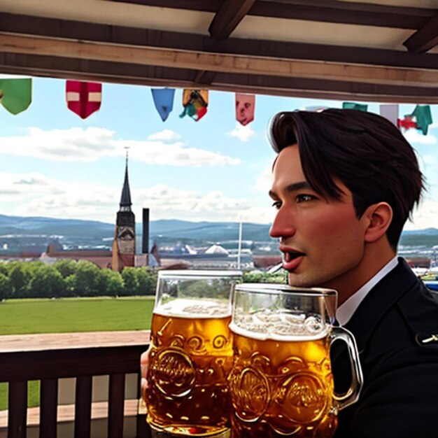 Mann feiert Oktoberfest mit zwei Bieren vom Fass