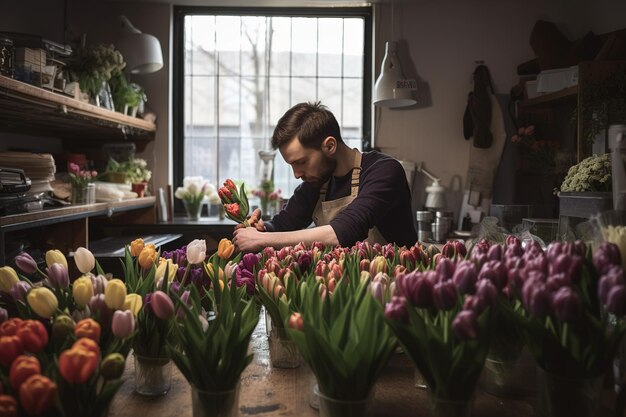 Mann Florist bereitet und dekoriert Blumenstrauß im Blumenladen