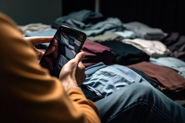 Mann fotografiert mit Smartphone gebrauchte Kleidung zum Wiederverkauf, generiert durch KI