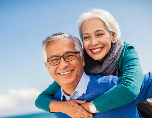 Mann, Frau, Weißer, im Freien, älteres Paar, glücklicher Lebensstil, zusammen im Ruhestand, lächelnd auf dem Rücken.