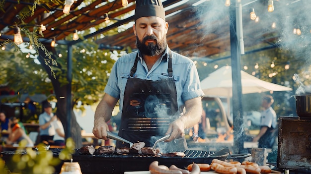 Mann frittiert Fleisch auf dem Grill im Freien