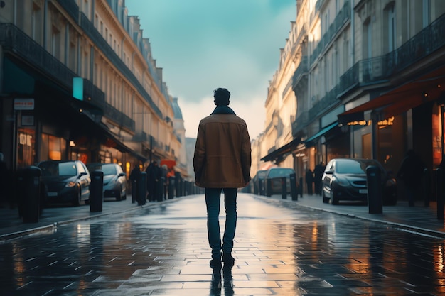 Mann geht durch Paris, Reisemann mit Landschaftsreiseblog