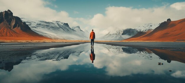 Mann geht im Wasser, See, Bergsilhouette, ai